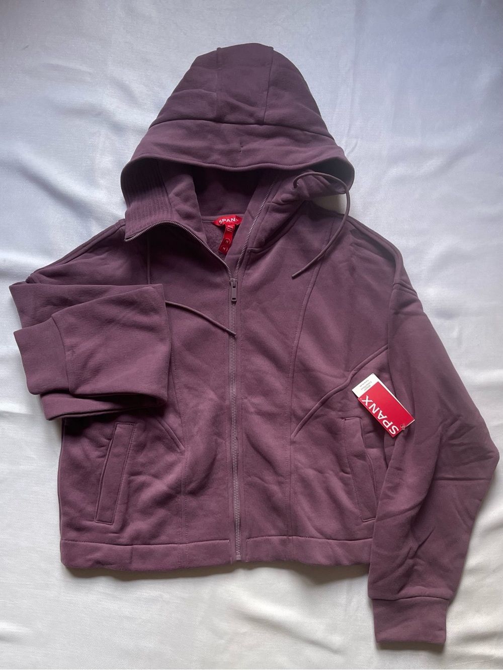 SPANX M Cotton Fleece Full-Zip Hooded Hoodie w/ Pockets Drawstring Soft Purple